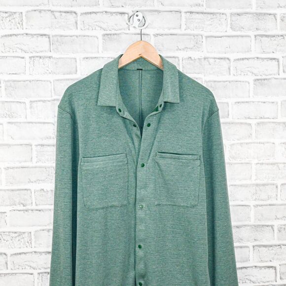 Lululemon Men's Soft knit Overshirt snap button in Heathered Everglade Green L - Picture 5 of 8